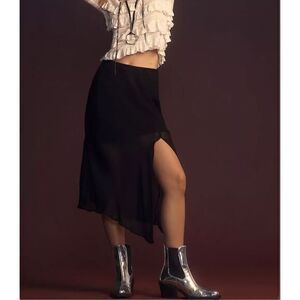 Anthropologie High Slit Sheer Midi Skirt XL NWT Black Elastic Waist Flowy Solid
